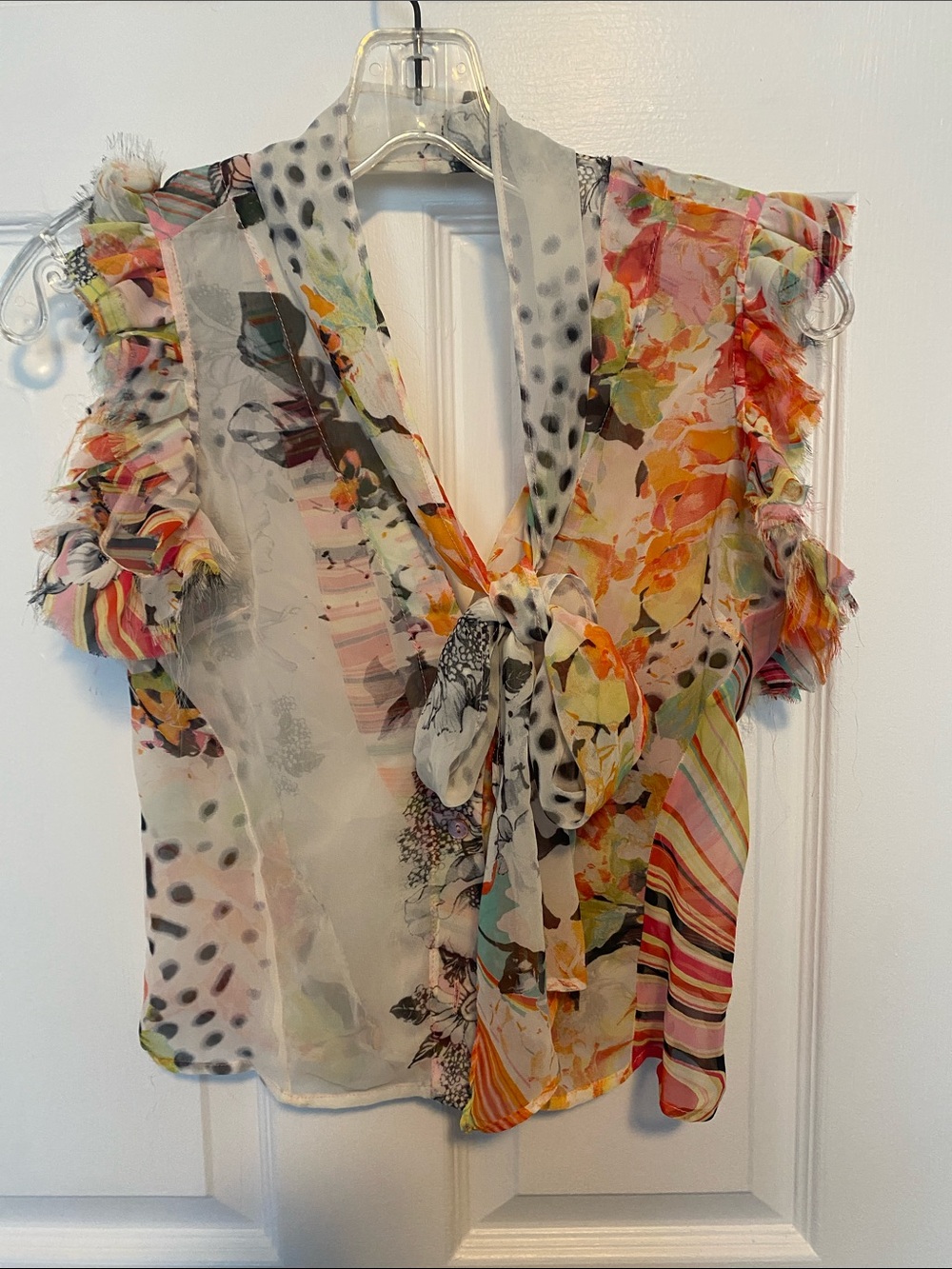 Just Cavalli Multicolor Floral & Polka-Dot Tie-Neck Sheer Blouse